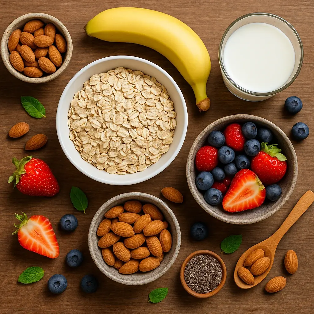 Flat lay of healthy breakfast foods including oats, almonds, strawberries, blueberries, banana, chia seeds, and a glass of milk on a wooden table