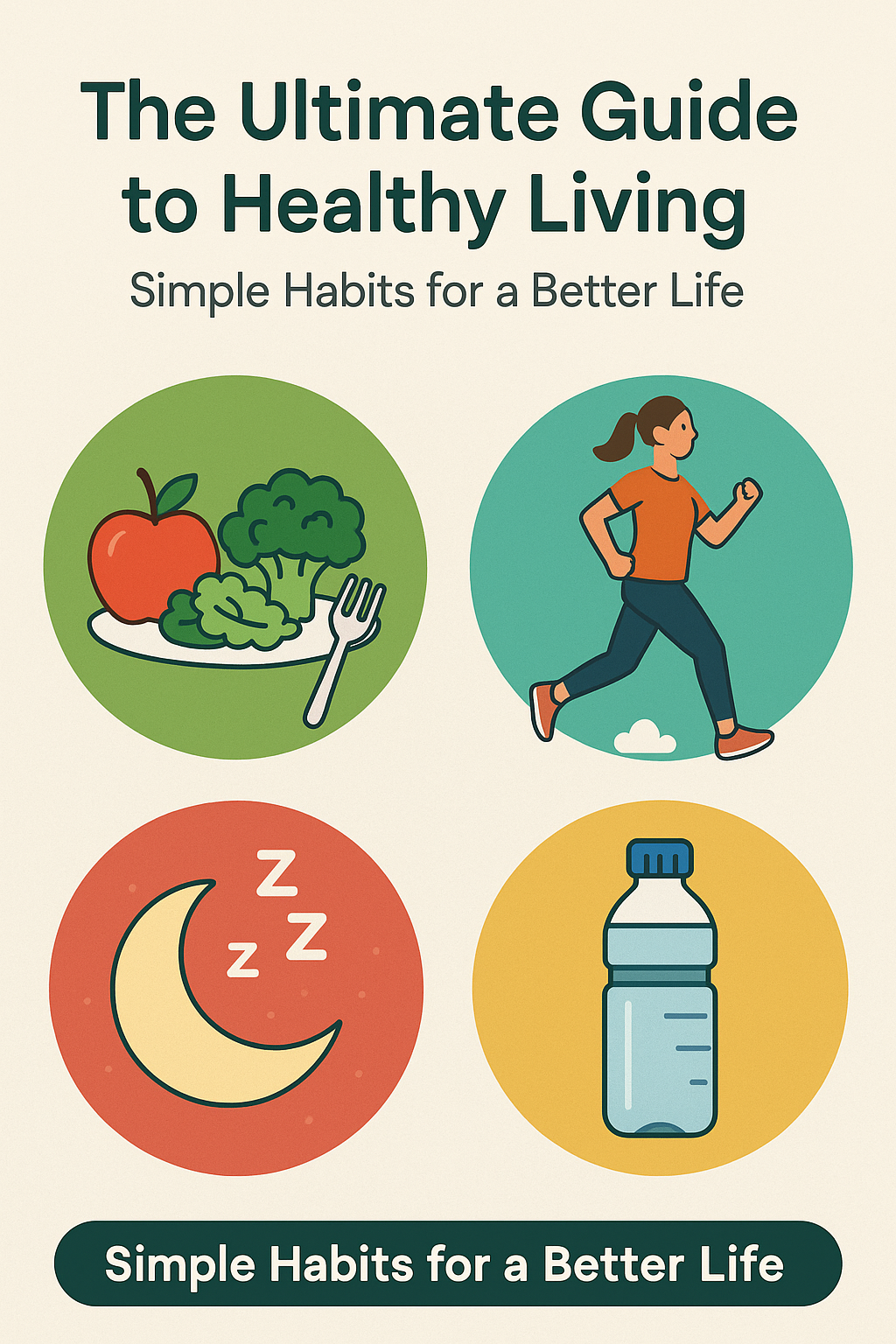 Four icons representing healthy habits: plate of vegetables, woman jogging, moon with Zs, and water bottle.