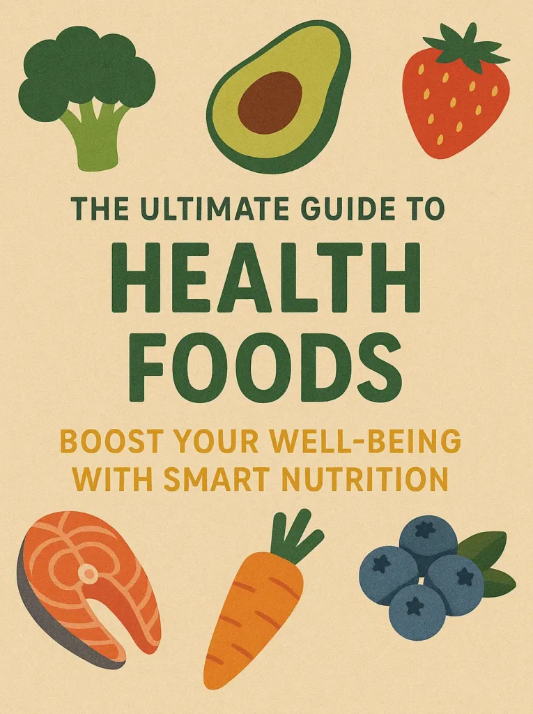 Colorful illustration of healthy foods including salmon, avocado, berries, and vegetables with the title promoting smart nutrition and well-being.