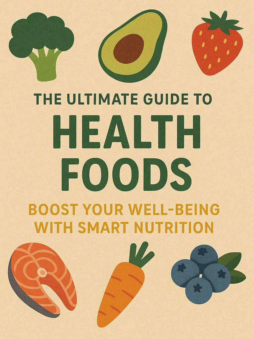 Colorful illustration of healthy foods including salmon, avocado, berries, and vegetables with the title promoting smart nutrition and well-being.