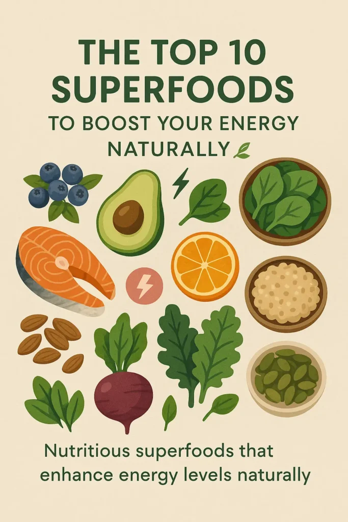 Illustration of 10 energy-boosting superfoods like salmon, avocado, spinach, and berries with a headline promoting natural energy.