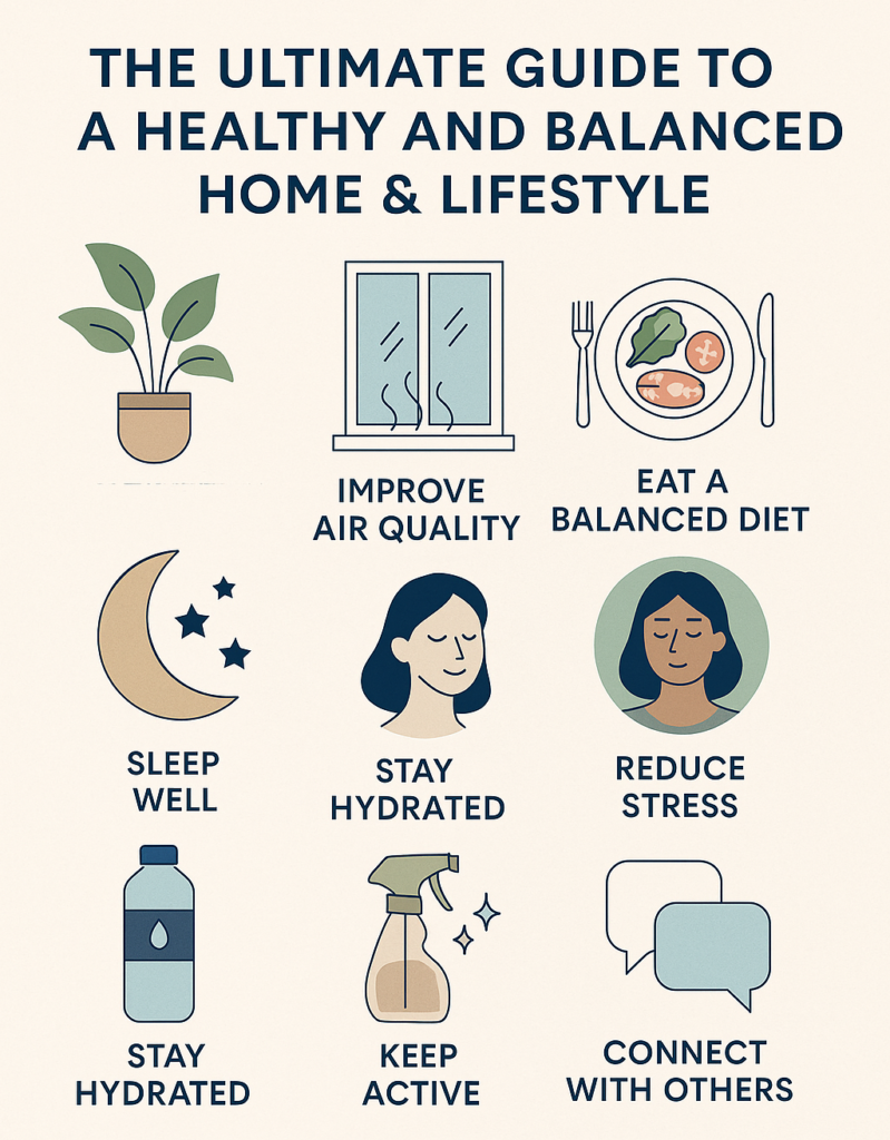 Infographic listing wellness tips like improve air quality, eat balanced diet, sleep well, and reduce stress.