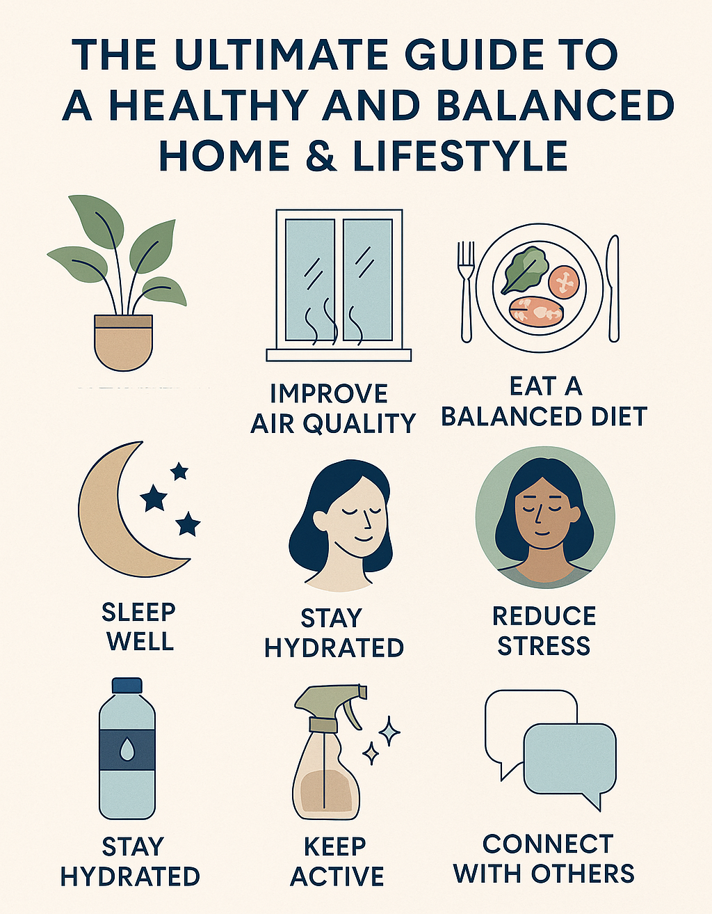 Infographic listing wellness tips like improve air quality, eat balanced diet, sleep well, and reduce stress.