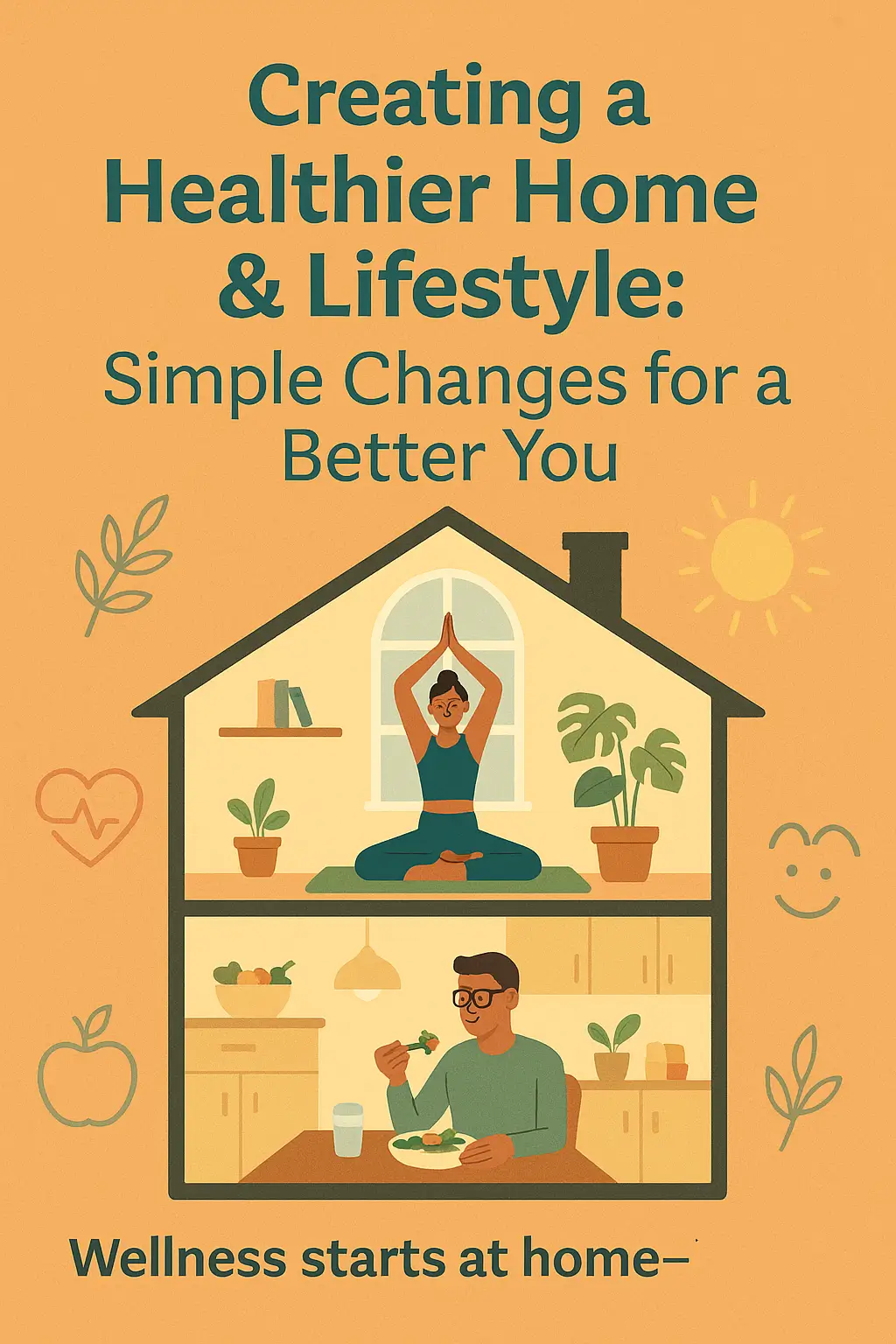 Cutaway view of a home showing a woman practicing yoga and a man eating healthy, symbolizing balanced lifestyle changes for well-being.
