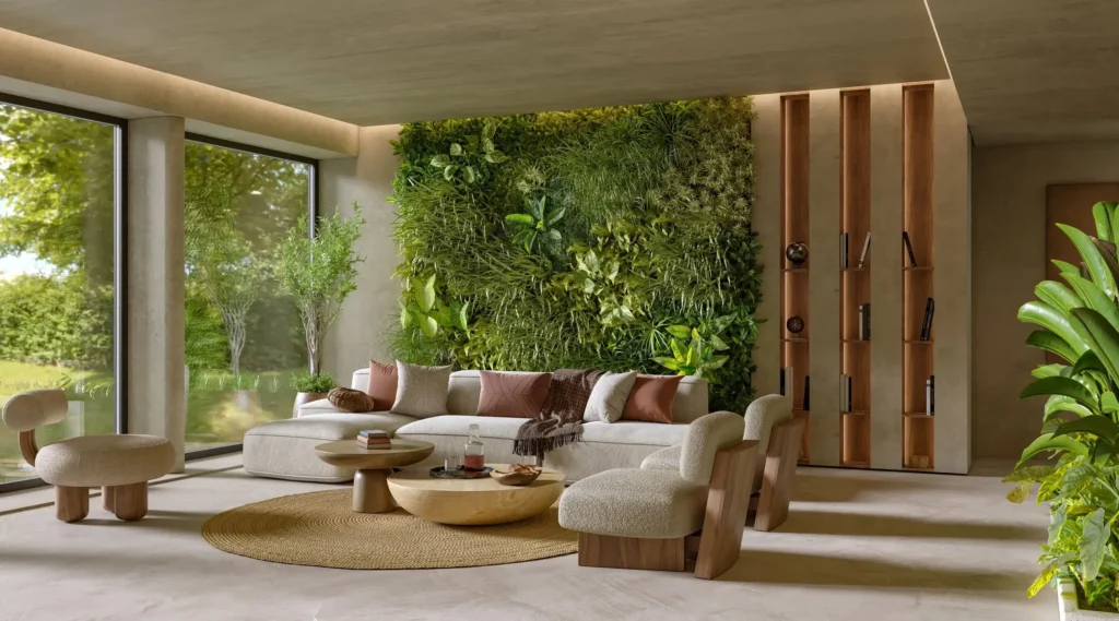 Bright minimalist living room featuring indoor plants and ample natural light, promoting a healthy home environment