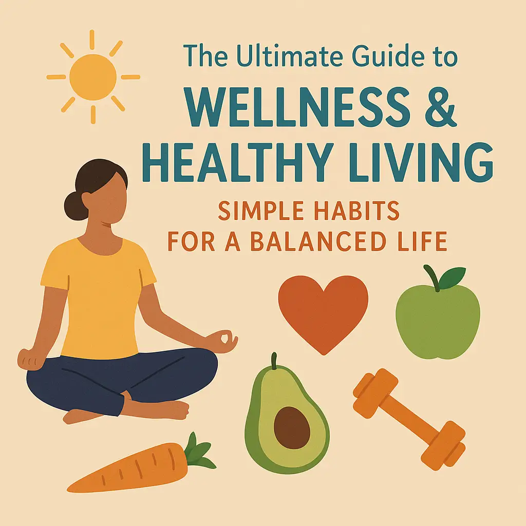 Illustration of a woman in yoga pose surrounded by health symbols like an apple, dumbbell, and avocado with wellness article title.