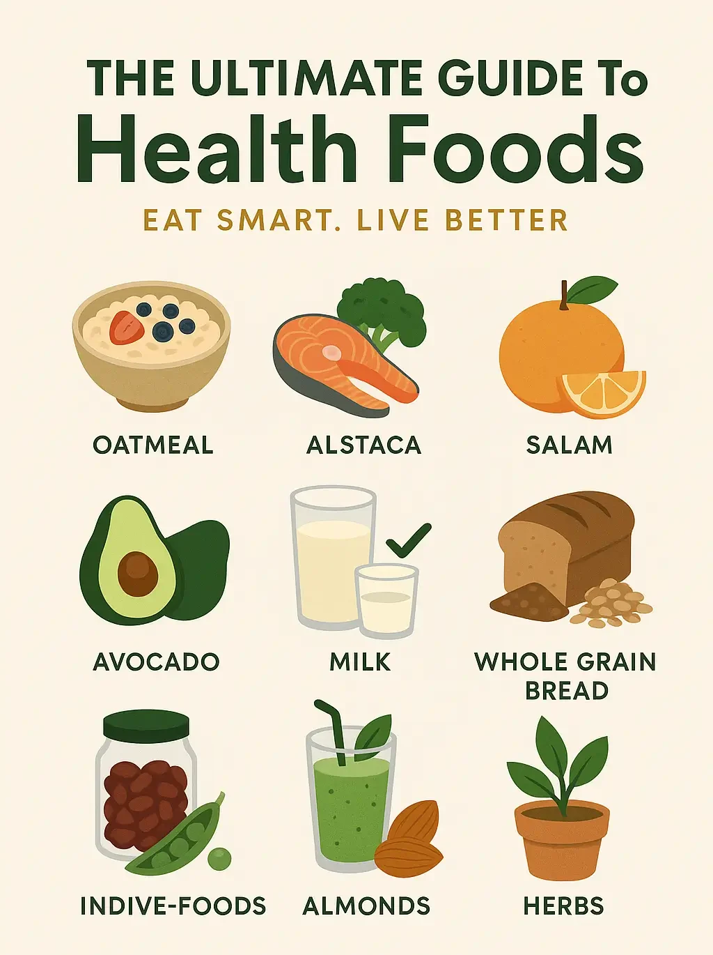 Illustrated health foods including oatmeal, salmon, avocado, milk, whole grain bread, and herbs with labeled titles.