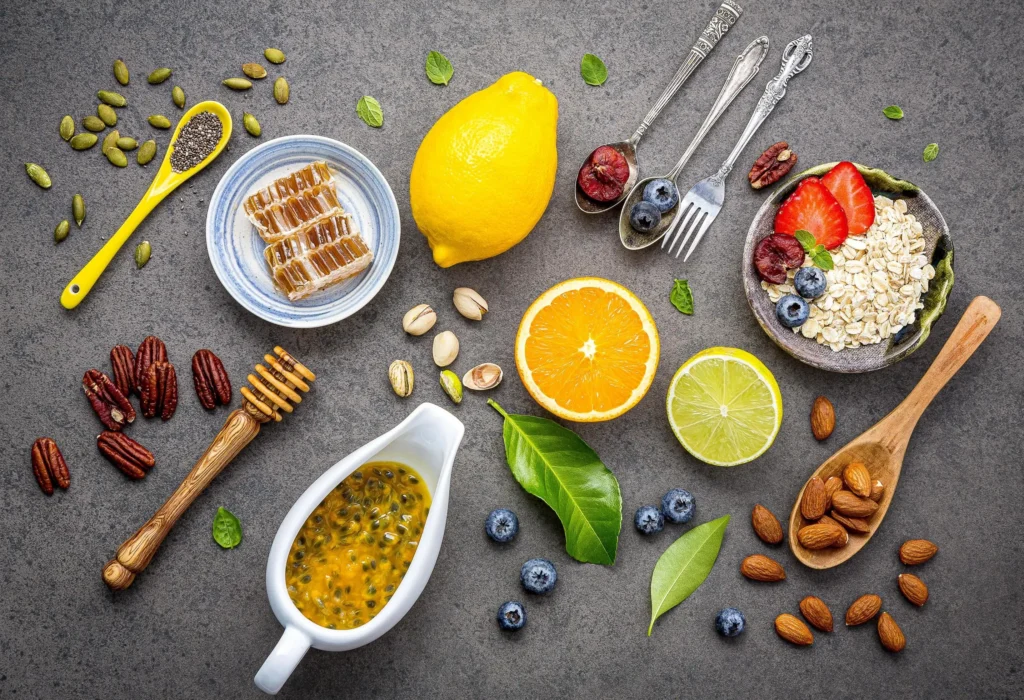 Top view of healthy ingredients including lemon, orange, oats, berries, nuts, seeds, and honeycomb on a grey background