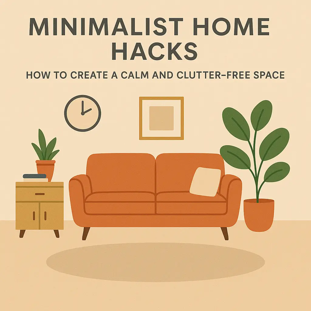 Minimalist living room with orange couch, houseplants, wooden table, and soft neutral colors.