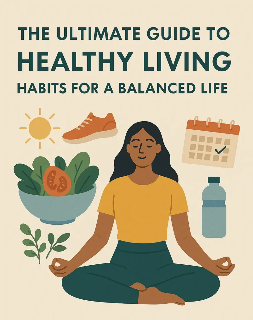 Woman meditating surrounded by icons of healthy living habits: vegetables, sneakers, water bottle, sun, and calendar.