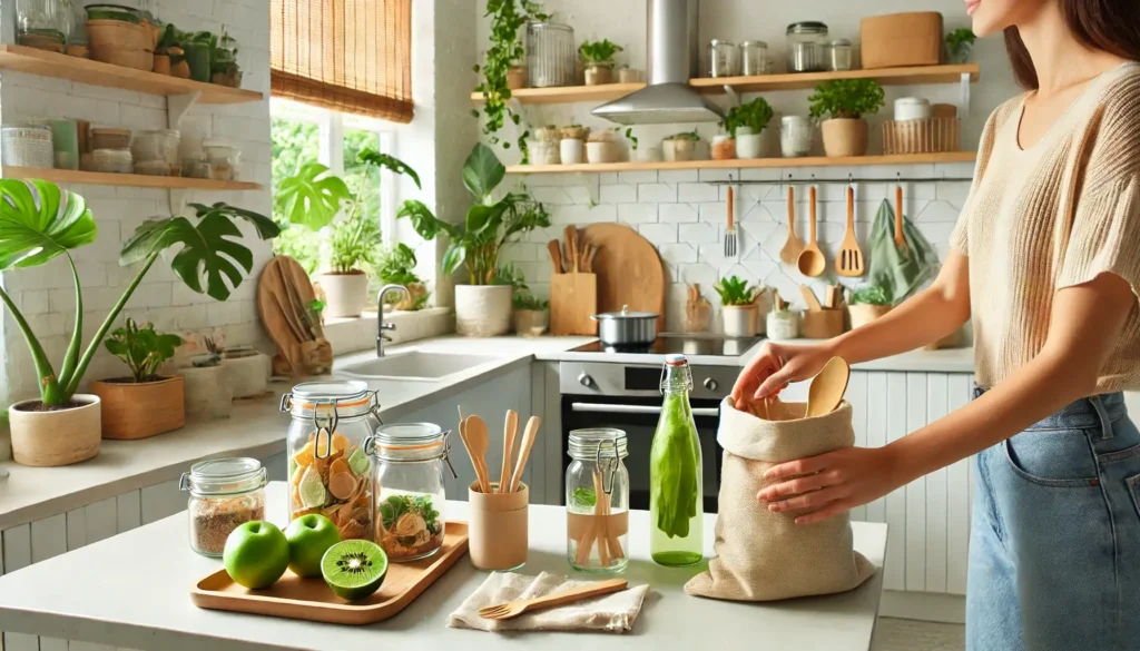 An eco-friendly kitchen with reusable glass jars, bamboo utensils, and cloth shopping bags. A person composting food waste in a bright, sustainable home.