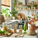 An eco-friendly kitchen with reusable glass jars, bamboo utensils, and cloth shopping bags. A person composting food waste in a bright, sustainable home.