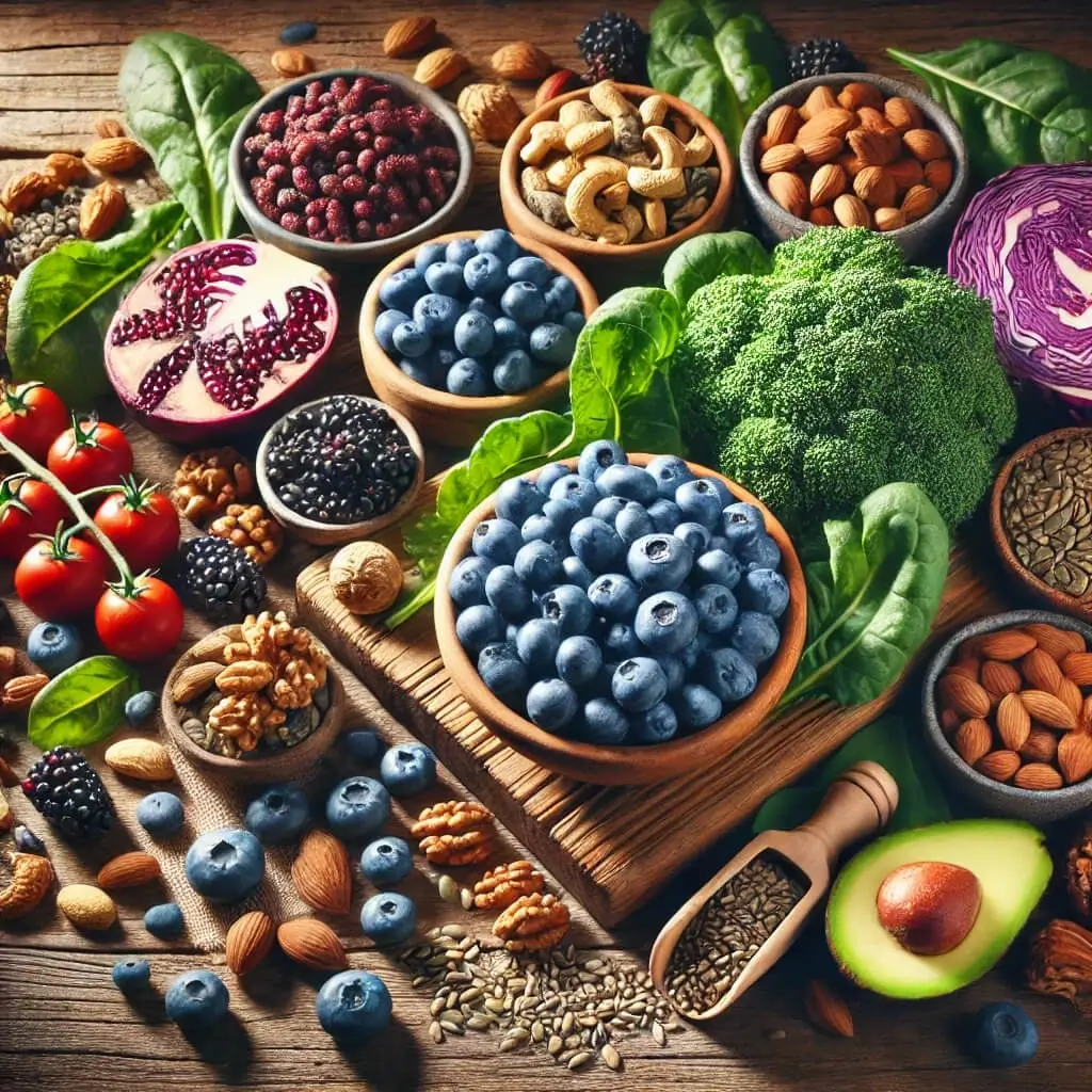 A colorful selection of superfoods including blueberries, kale, nuts, and seeds arranged on a rustic wooden table, highlighting their freshness and nutritional value