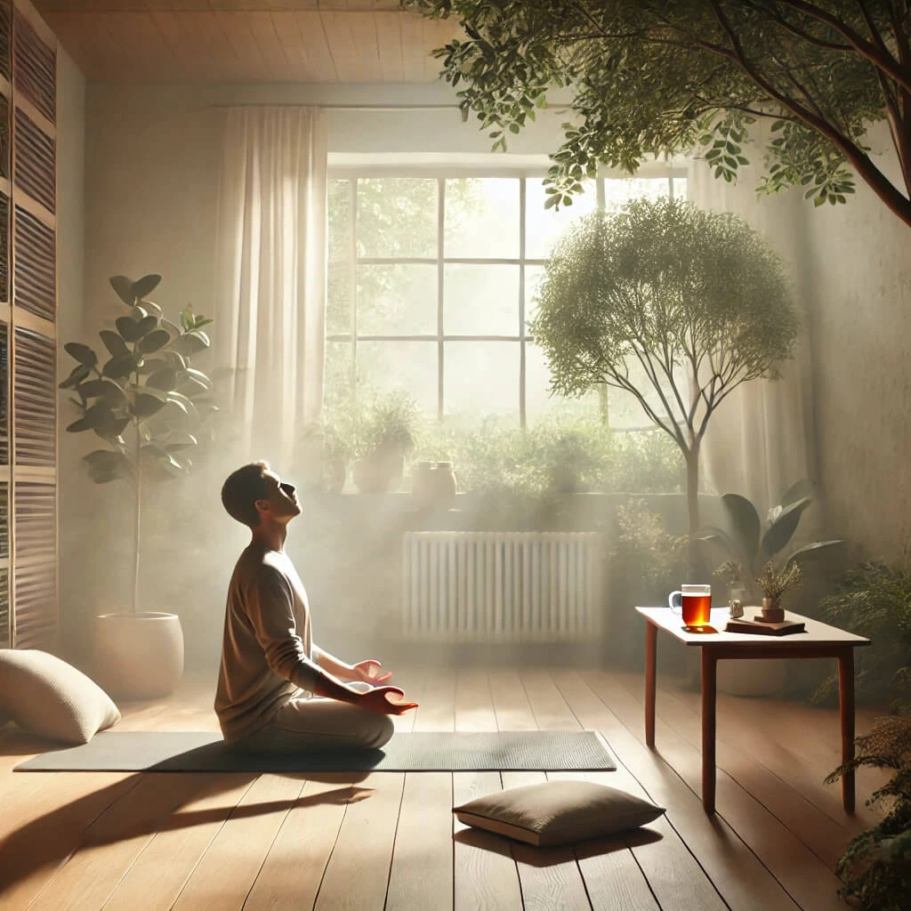 A person sitting cross-legged on a yoga mat in a tranquil space, practicing deep breathing for relaxation with eyes closed. Soft sunlight filters through large windows, creating a relaxing and mindful atmosphere. A wooden table nearby holds a cup of herbal tea and a journal, symbolizing wellness and self-care.