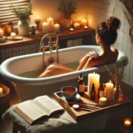 A woman relaxing in a warm bath with candles, a book, and essential oils. Nearby, a wooden tray holds herbal tea and skincare products in a cozy, tranquil room.