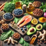 A selection of anti-inflammatory foods including salmon, blueberries, leafy greens, avocados, nuts, and turmeric, arranged on a rustic wooden table.