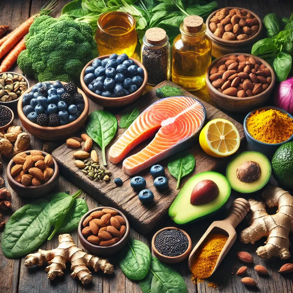 A selection of anti-inflammatory foods including salmon, blueberries, leafy greens, avocados, nuts, and turmeric, arranged on a rustic wooden table.