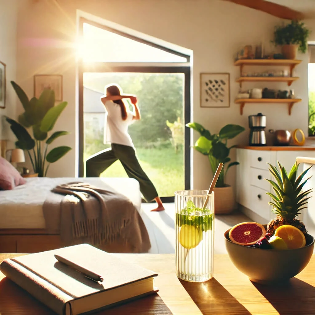 A bright and cozy bedroom with a person stretching near a sunlit window, a bedside table with a glass of lemon water and a journal, and a yoga mat in the background—symbolizing a healthy morning routine.