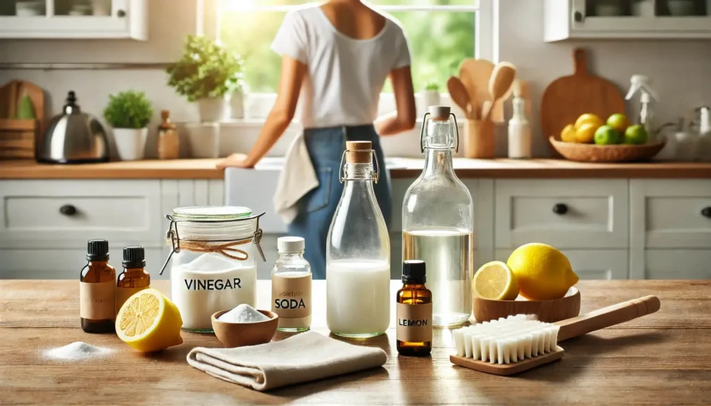 A clean and minimalist home featuring eco-friendly cleaning products such as vinegar, baking soda, lemon, and essential oils, neatly arranged on a wooden kitchen counter. A person is wiping a surface with a reusable cloth, showcasing a natural and sustainable cleaning routine.