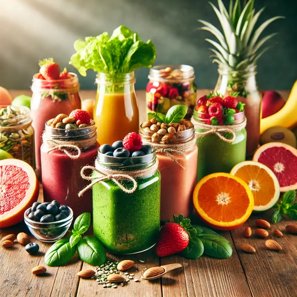 variety of colorful healthy smoothies in glass jars, featuring fresh fruits, leafy greens, nuts, and seeds, arranged on a wooden table.