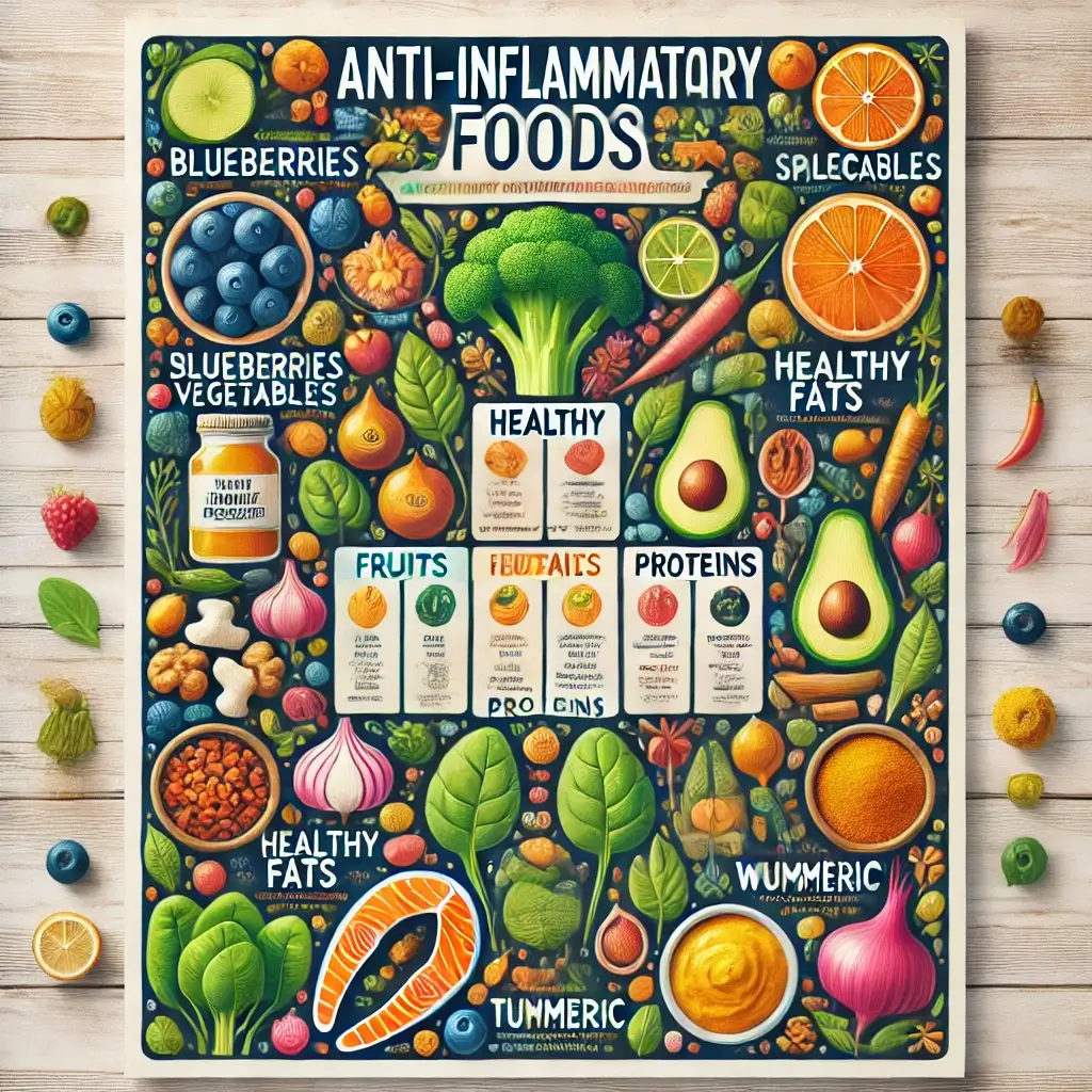 A food chart listing the best anti-inflammatory foods and their health benefits.