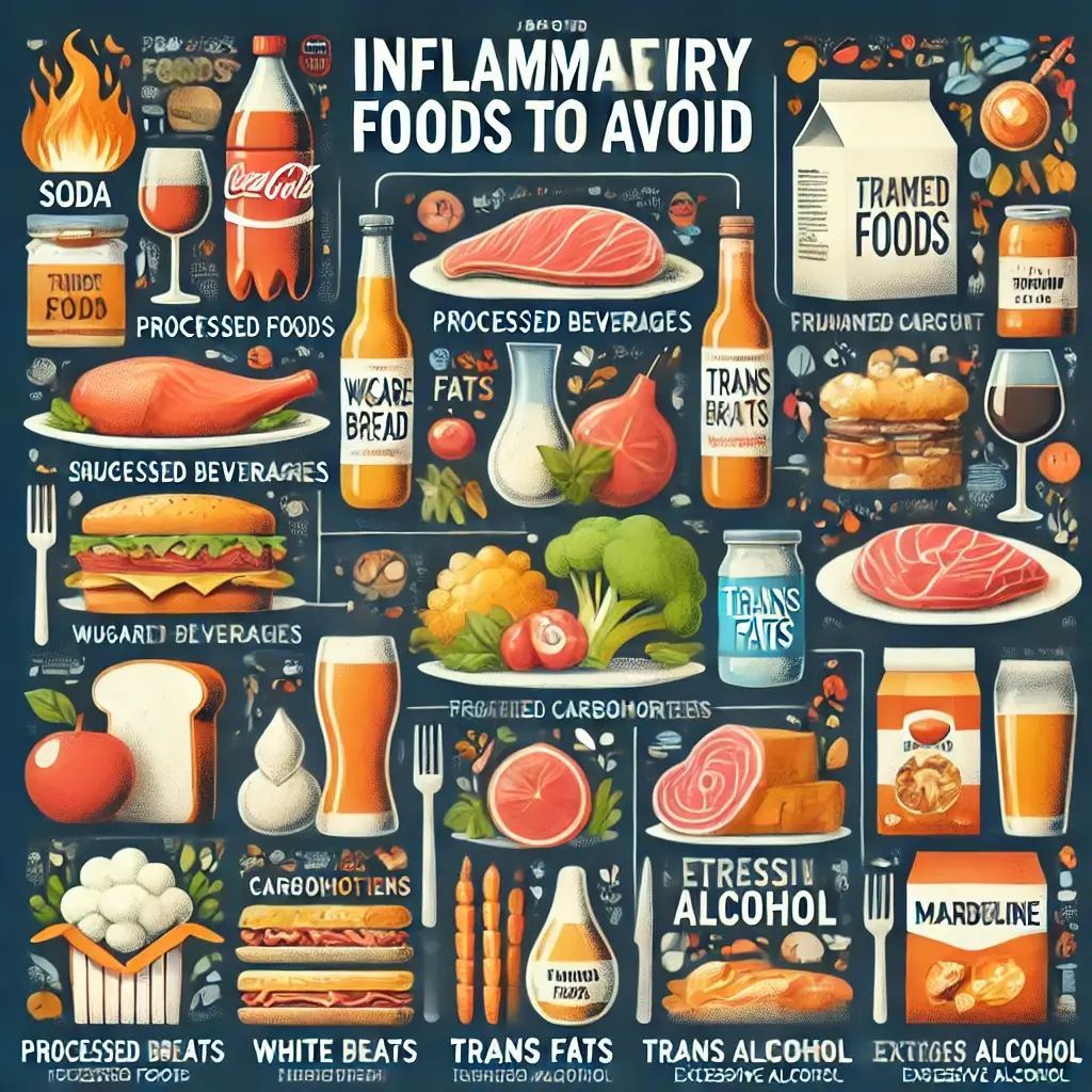 A list of foods that cause inflammation, including processed sugars, trans fats, and refined carbohydrates.