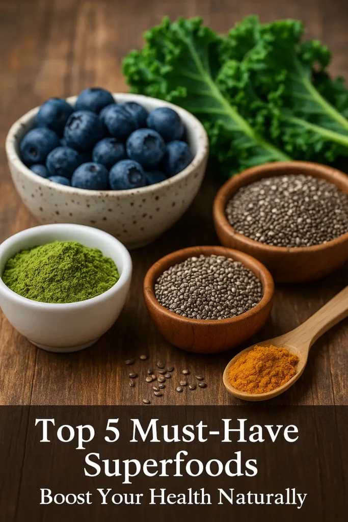 Top 5 must-have superfoods including matcha, turmeric, chia seeds, blueberries, and kale arranged in bowls on a wooden surface