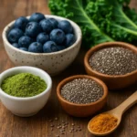 Top 5 must-have superfoods including matcha, turmeric, chia seeds, blueberries, and kale arranged in bowls on a wooden surface