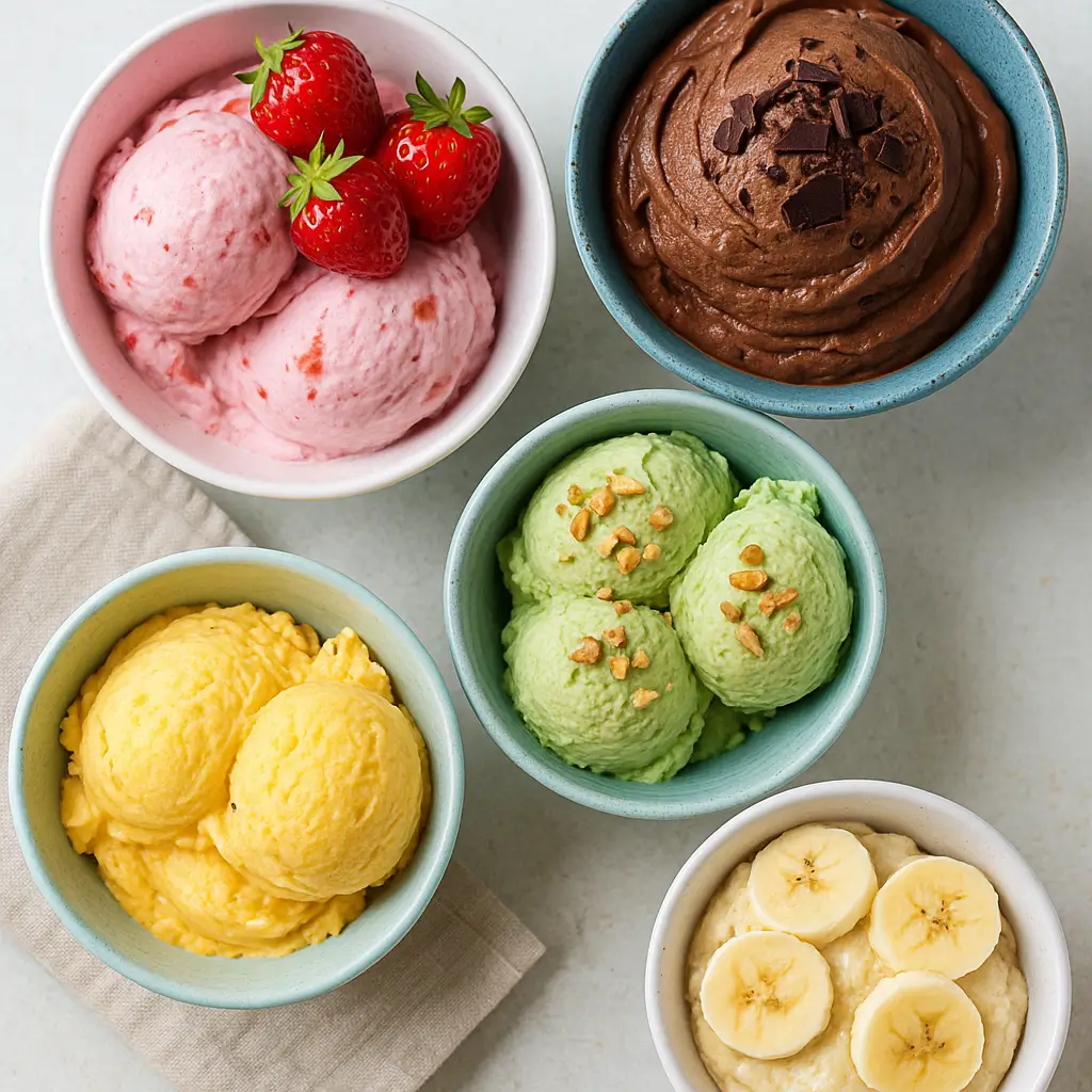A colorful display of healthy homemade ice cream bowls featuring strawberry yogurt, chocolate avocado, mango, and banana, topped with fresh fruits and nuts.